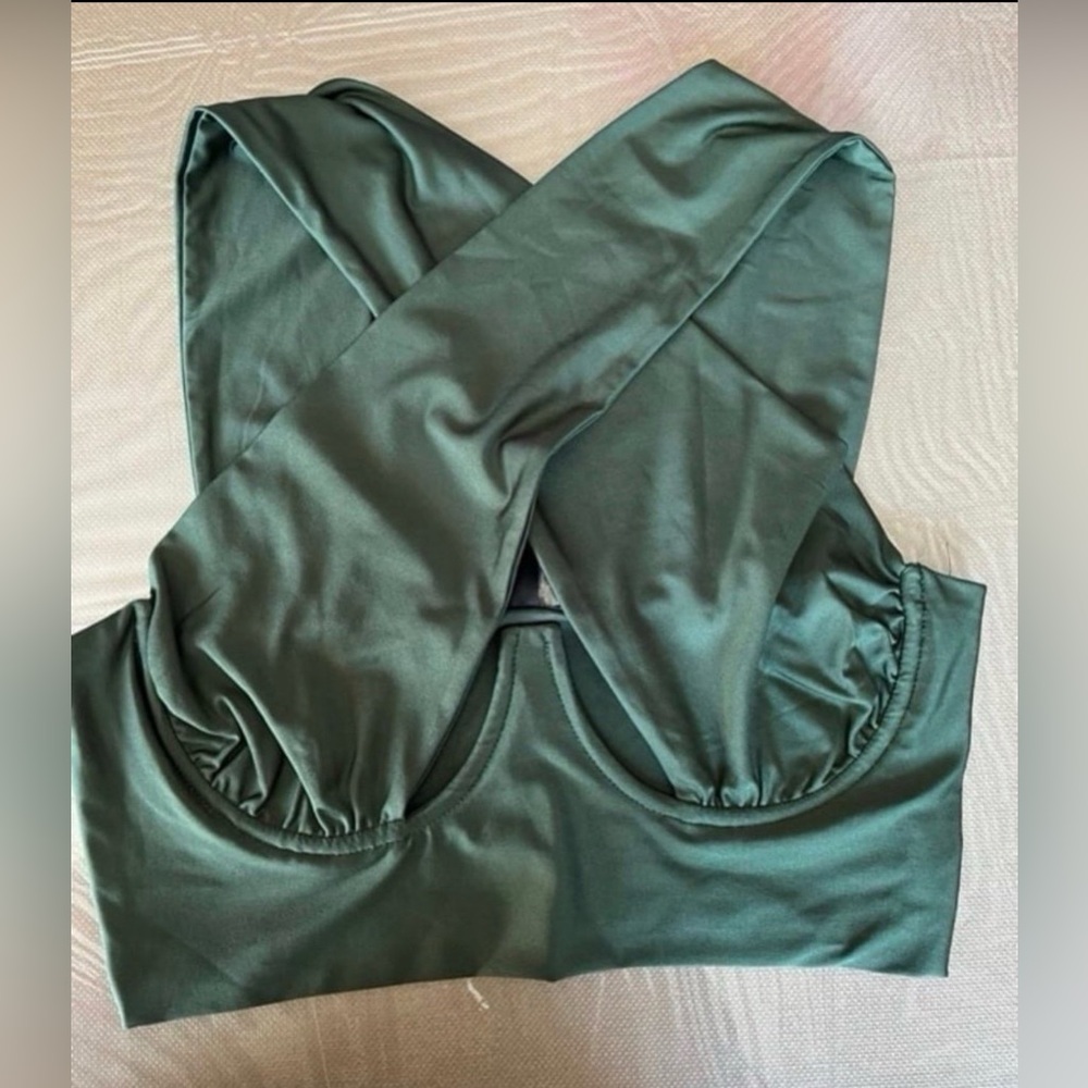 Women's Satin Cross Wrap Crop Tank Top Olive Green